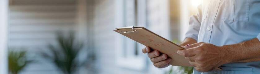 Close-up of a person holding a clipboard outside a house, possibly conducting an inspection or survey in a residential area.