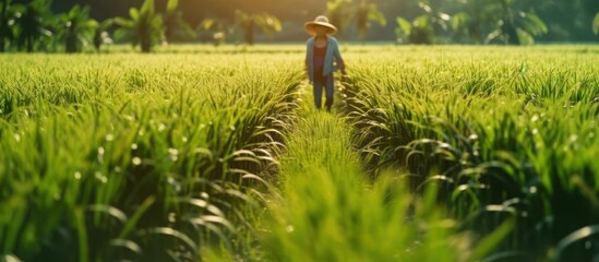 A Solitary Figure Walking Through a Lush Green Rice Paddy