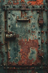 Close-up of a weathered and rustic metal door with peeling paint and rust, creating an industrial and vintage aesthetic.