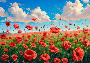 Fototapeta premium Vibrant Red Poppies Field Under Blue Sky