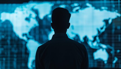 Silhouette of a manager analyzing logistics data on a large screen, Silhouette technology logistics manager innovation, Big data logistics