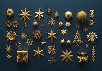 Gold Christmas Decorations Flat Lay on Blue Background