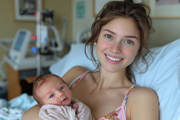 newborn baby in hospital after just being born, mother holding him and breastfeeding in hospital bed.
