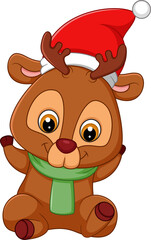 Cute reindeer in green scarf and santa hat is sitting