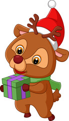 Cute deer with green scarf and santa hat holding gift