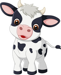 Cute cartoon cow smiles, showcasing big eyes and spots
