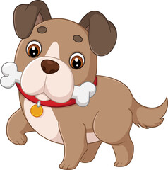 Dog walks with bone in mouth, tail wagging