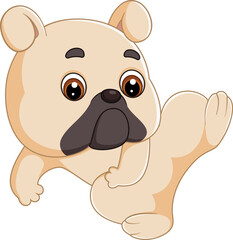 The cute baby dog dances joyfully, paws tapping in rhythm