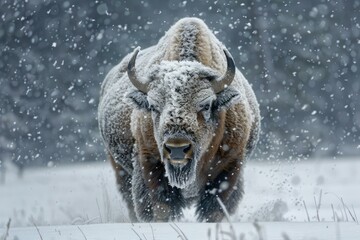 Powerful american bison is standing in a snowy field during a blizzard