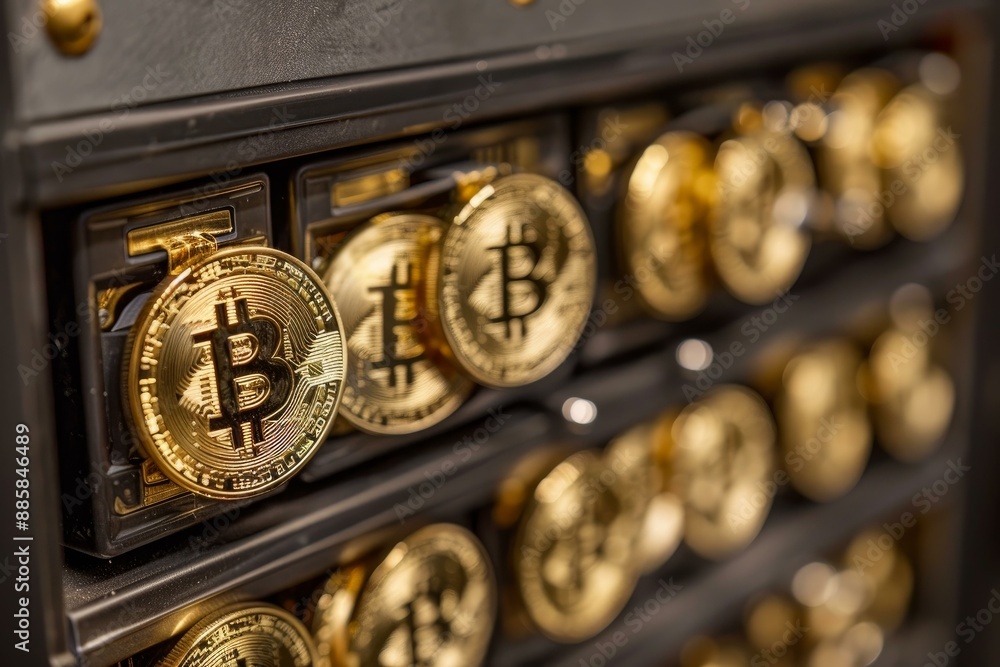 Poster bitcoin cryptocurrency mining farm with bitcoins being inserted into a mining rig