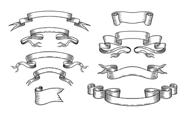 Set of different ribbons. Design icons for greeting cards, banners, invitations. Hand drawn design element. Ink, clipart Sketch, vector illustration. 