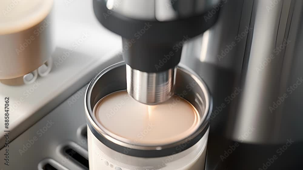 Poster a detailed view of the frothing spout on an automatic milk frother designed to create latteworthy fo