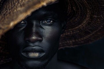 Serious black man with beautiful eyes is posing under a stylish hat