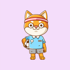 Cute shiba inu soccer player animal kawaii chibi character mascot illustration outline style design