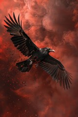 Obraz premium A large black bird is seen flying through a cloudy sky, offering a dramatic and atmospheric scene