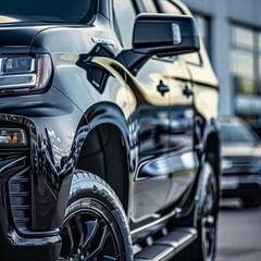 Sleek Black SUV Side View in Modern Urban Setting on a Sunny Day