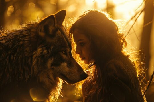 A woman stands next to a wolf in a forest setting