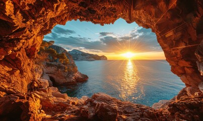 Golden Hour Inside View from an Open Cave on a Rocky Mountain Overlooking the Sea