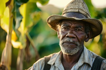 Portrait of a senior black farmer with a straw hat posing in a banana plantation field