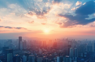 Obraz premium A beautiful sunrise over a bustling city skyline, with vibrant colors painting the sky and high-rise buildings standing tall.