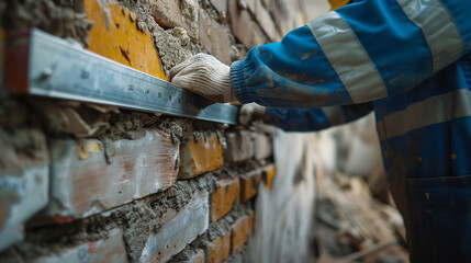 A builder in a blue uniform and white gloves measures the evenness of a brick wall with a level