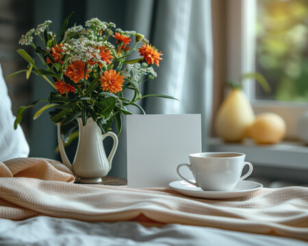 Comforting Get Well Card Mockup with Flowers and Tea on Bedside Table for Personalized Well Wishes