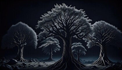 Black trees, Dark background, Dark wallpaper, trees on a black background,