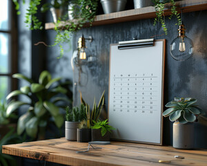 Modern Workspace Mockup with Blank Calendar on Office Wall for Custom Business Events Promotion