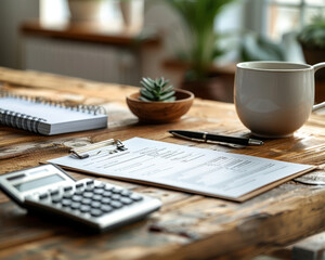 Professional Blank Invoice Mockup on Wooden Desk with Office Supplies and Calculator for Business Billing | High-Quality Full-Frame Image for Customization