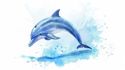 Playful cartoon dolphin jumping, painted in a cute watercolor style on a white background