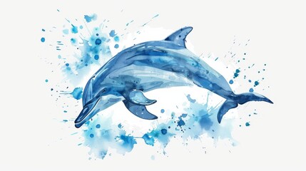 Fototapeta premium Playful cartoon dolphin jumping, painted in a cute watercolor style on a white background