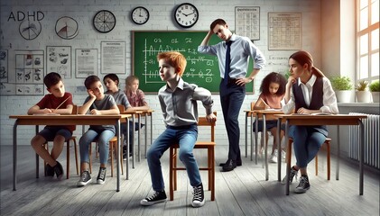 Niño hiperactivo en clase, con maestro 