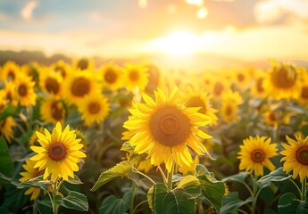 Obraz premium Golden Sunset Sunflowers Field Landscape