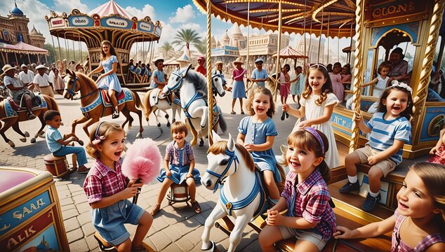 Ni&ntilde;os divertidos en parque de diversiones, comiendo algod&oacute;n de az&uacute;car, en el carrusel