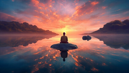 Tranquil Sunrise Meditation Spot on Rocks on the lake