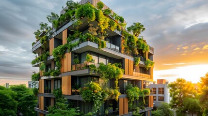 Modern Eco-Friendly Apartment Building with Lush Greenery at Sunset