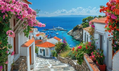 Vibrant Island Paradise: Lush Greenery, Turquoise Waters, Traditional Whitewashed Houses, and Blooming Bougainvillea Under a Bright, Sunny Sky