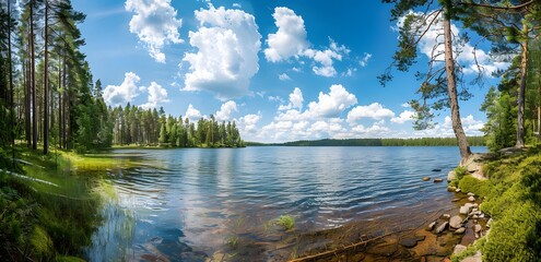 Fototapeta premium Tranquil Finnish Lake Surrounded by Forest