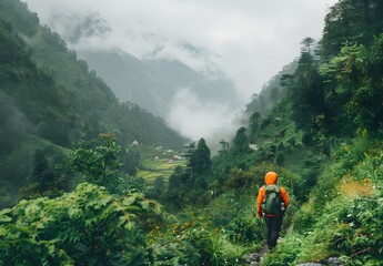 Obraz premium Hiking Through Lush Himalayas With Village View