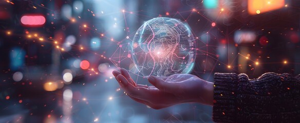 Futuristic AI Sphere Held by Hand with Digital Connections