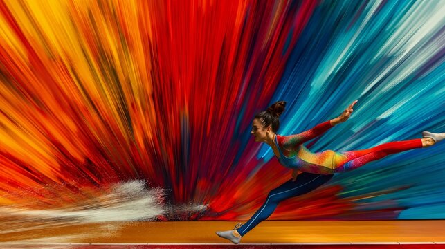 Female dancer in a vibrant, dynamic pose against a colorful, abstract background