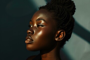 Young black woman with braids is posing with natural beauty and golden skin in the sunlight