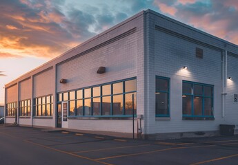 Naklejka premium Modern Industrial Building with Blue Windows at Sunset