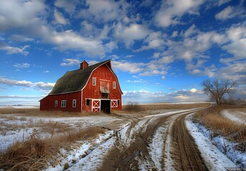 Red Barn Winter Landscape with Dirt Road