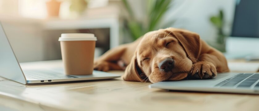 A cute brown puppy asleep on a laptop next to a coffee cup and another laptop in a cozy home office setting.