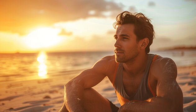 A handsome guy enjoys a beach sunset, his silhouette framed by vibrant hues, radiating tranquility and contentment as the waves gently lap the shore, creating a serene and picturesque moment.