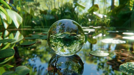 A crystal-clear sphere rests serenely on a reflective water surface amid lush green foliage in a tranquil environment.