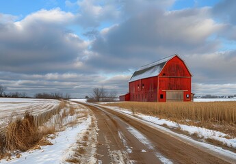 Red Barn in Snowy Wisconsin Field