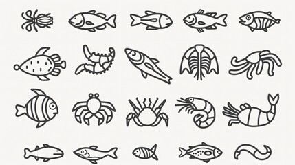 Minimalist Line Art Seafood Icons for Culinary and Diet Designs