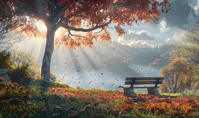 Serene Autumn Landscape with Bench and Sunlight